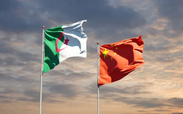 Hermosas Banderas Estatales Nacionales China Argelia Juntas Fondo Del Cielo —  Fotos de Stock