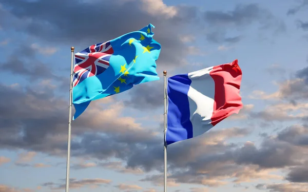 Hermosas Banderas Estatales Nacionales Francia Tuvalu Juntas Fondo Del Cielo — Foto de Stock