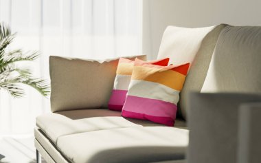 Lezbiyen bayrağına boyanmış iki yastık kanepede yatıyor. LGBT gay ilişkileri sembolik 3B sanat eseri.