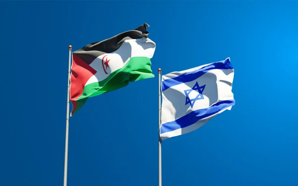 Красивые Национальные Государственные Флаги Израиля Сахары Вместе Фоне Неба Концепция — стоковое фото