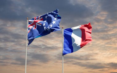 Cook Adaları ve Fransa 'nın güzel ulusal bayrakları gökyüzü arka planında birlikte. 3B sanat eseri konsepti.