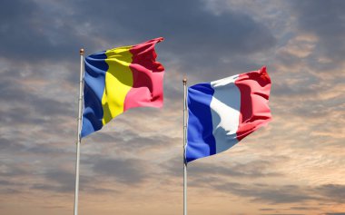 Arka planda Çad ve Fransa 'nın güzel ulusal bayrakları var. 3B sanat eseri konsepti.