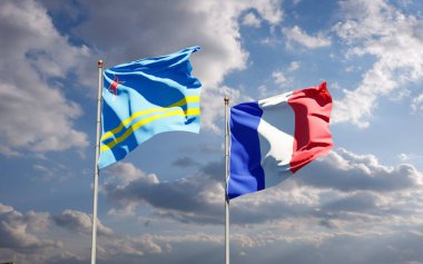 Gökyüzü arka planında Aruba ve Fransa 'nın güzel ulusal bayrakları birlikte. 3B sanat eseri konsepti.