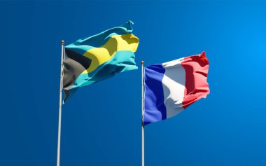 Bahamalar ve Fransa 'nın güzel ulusal bayrakları gökyüzü arka planında birlikte. 3B sanat eseri konsepti.