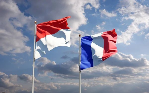 Bellissime Bandiere Nazionali Stato Monaco Francia Insieme Sullo Sfondo Del — Foto Stock