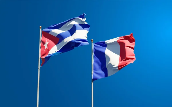 Belle Bandiere Nazionali Stato Cuba Francia Insieme Sullo Sfondo Del — Foto Stock