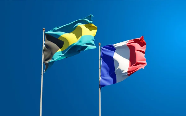 Hermosas Banderas Estatales Nacionales Bahamas Francia Juntas Fondo Del Cielo —  Fotos de Stock