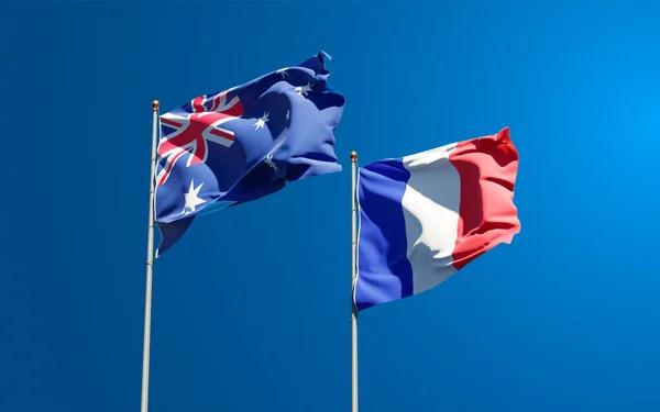 美丽的法国国旗和澳大利亚国旗在天空的背景下相映成趣 3D艺术品概念 — 图库照片
