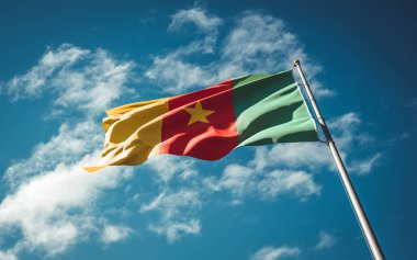 Kamerun 'un güzel ulusal bayrağı gökyüzünde dalgalanıyor. Düşük açılı yakın çekim Kamerun bayrağı 3D sanat eseri.