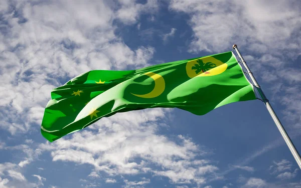 Hermosa Bandera Nacional Isla Cocos Ondeando Fondo Del Cielo Angulo — Foto de Stock