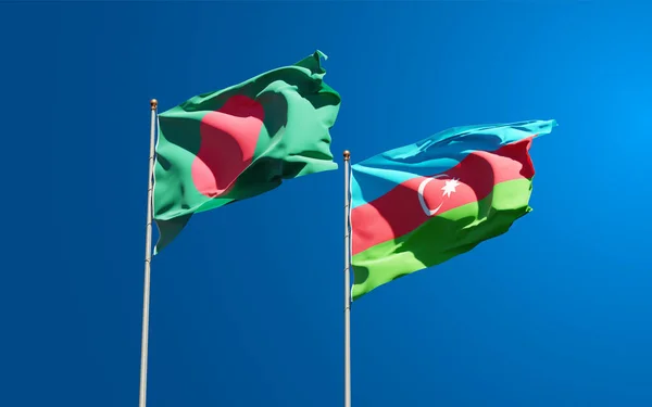 Hermosas Banderas Estatales Nacionales Azerbaiyán Bangladesh Juntas Fondo Del Cielo — Foto de Stock