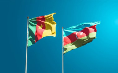 Gökyüzü arka planında Azerbaycan ve Kamerun 'un güzel ulusal bayrakları birlikte. 3B sanat eseri konsepti.