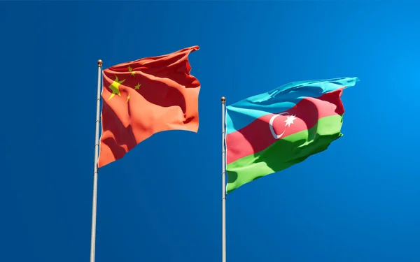 Hermosas Banderas Estatales Nacionales Azerbaiyán China Juntas Fondo Del Cielo —  Fotos de Stock