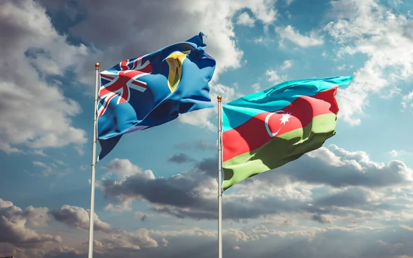 Gökyüzü arka planında Türk ve Caicos Adaları ve Azerbaycan 'ın güzel ulusal bayrakları birlikte görülüyor. 3B sanat eseri konsepti.