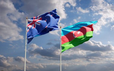 Gökyüzü arka planında Yeni Zelanda ve Azerbaycan 'ın güzel ulusal bayrakları birlikte. 3B sanat eseri konsepti.