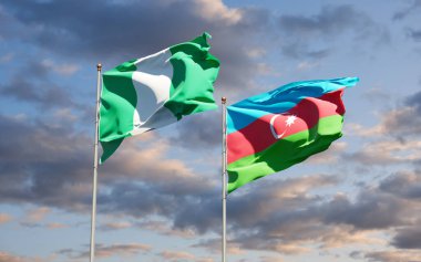 Gökyüzü arka planında Nijerya ve Azerbaycan 'ın güzel ulusal bayrakları birlikte. 3B sanat eseri konsepti.