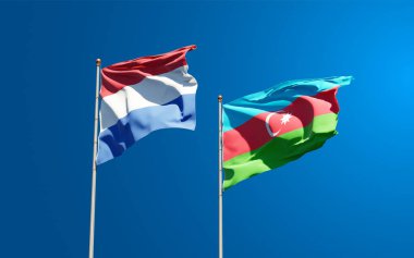 Hollanda ve Azerbaycan 'ın güzel ulusal bayrakları gökyüzü arka planında birlikte. 3B sanat eseri konsepti.