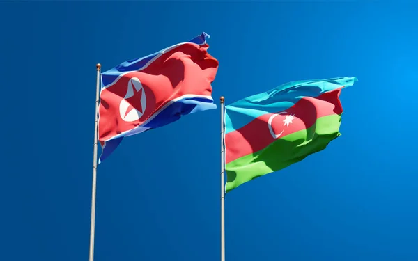 Beaux Drapeaux Nationaux Corée Nord Azerbaïdjan Ensemble Fond Ciel Concept — Photo