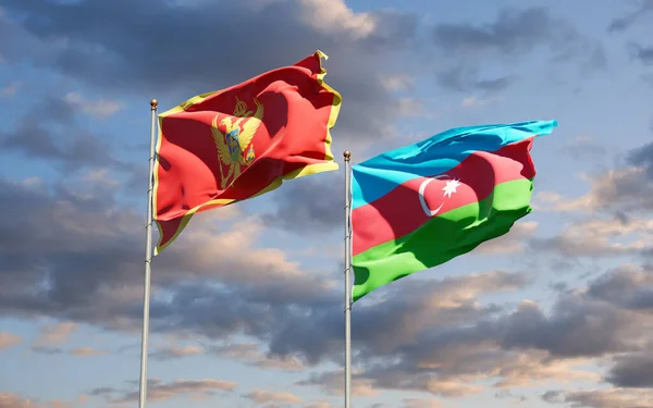 Hermosas Banderas Nacionales Montenegro Azerbaiyán Juntas Fondo Del Cielo Concepto — Foto de Stock