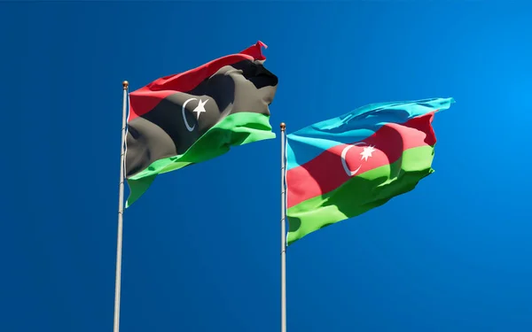 Hermosas Banderas Estatales Nacionales Libia Azerbaiyán Juntas Fondo Del Cielo —  Fotos de Stock