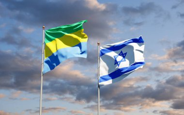 Gabon ve İsrail 'in güzel ulusal bayrağı gökyüzü arka planında birlikte. 3B sanat eseri konsepti.