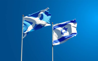 İskoçya ve İsrail 'in güzel bayrakları gökyüzü arka planında birlikte. 3B sanat eseri konsepti.