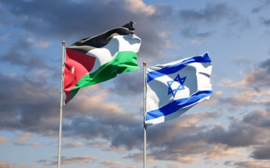 Ürdün ve İsrail 'in güzel ulusal bayrağı gökyüzü arka planında birlikte. 3B sanat eseri konsepti.