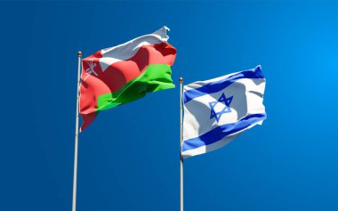 Umman ve İsrail 'in güzel ulusal bayrağı gökyüzü arka planında birlikte. 3B sanat eseri konsepti.