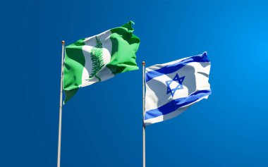 Norfolk Adası ve İsrail 'in güzel ulusal bayrakları gökyüzü arka planında birlikte. 3B sanat eseri konsepti.