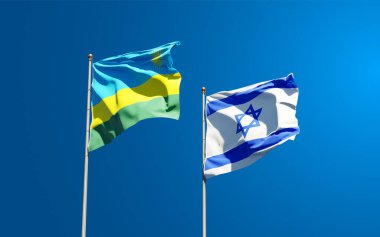 Ruanda ve İsrail 'in güzel ulusal bayrağı gökyüzü arka planında birlikte. 3B sanat eseri konsepti.