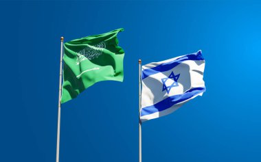Suudi Arabistan ve İsrail 'in güzel ulusal bayrağı gökyüzü arka planında birlikte. 3B sanat eseri konsepti.