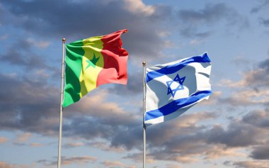Senegal ve İsrail 'in güzel ulusal bayrakları gökyüzü arka planında birlikte. 3B sanat eseri konsepti.