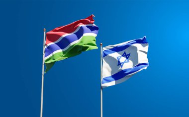 Gambiya ve İsrail 'in güzel ulusal bayrakları gökyüzünde birlikte. 3B sanat eseri konsepti.