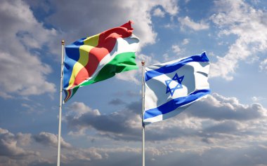 Seyşeller ve İsrail 'in güzel ulusal bayrakları gökyüzü arka planında birlikte. 3B sanat eseri konsepti.