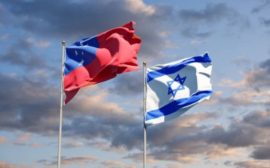 Samoa ve İsrail 'in güzel ulusal bayrağı gökyüzü arka planında birlikte. 3B sanat eseri konsepti.