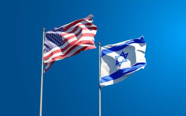 Beautiful national state flags of USA and Israel together at the sky background. 3D artwork concept. clipart