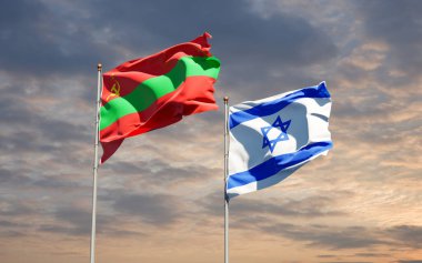 Transnistria ve İsrail 'in güzel ulusal bayrakları gökyüzü arka planında birlikte. 3B sanat eseri konsepti.