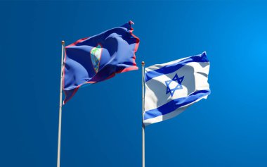 İsrail ve Guam 'ın güzel ulusal bayrağı gökyüzü arka planında birlikte. 3B sanat eseri konsepti.