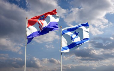 İsrail ve Hırvatistan 'ın güzel ulusal bayrakları gökyüzünde birlikte. 3B sanat eseri konsepti.