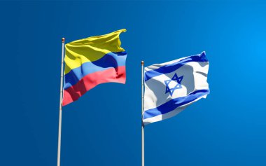 İsrail ve Kolombiya 'nın güzel ulusal bayrakları gökyüzü arka planında birlikte. 3B sanat eseri konsepti.