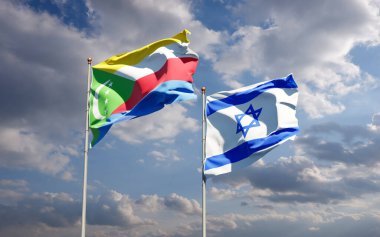 İsrail ve Comoros 'un güzel ulusal bayrağı gökyüzü arka planında birlikte. 3B sanat eseri konsepti.