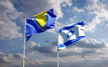 İsrail ve Bosna-Hersek 'in güzel ulusal bayrakları gökyüzü arka planında birlikte. 3B sanat eseri konsepti.