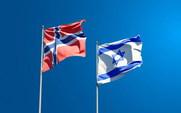 空を背景にノルウェーとイスラエルの美しい国旗が一緒に 3Dアートワークコンセプト — ストック写真