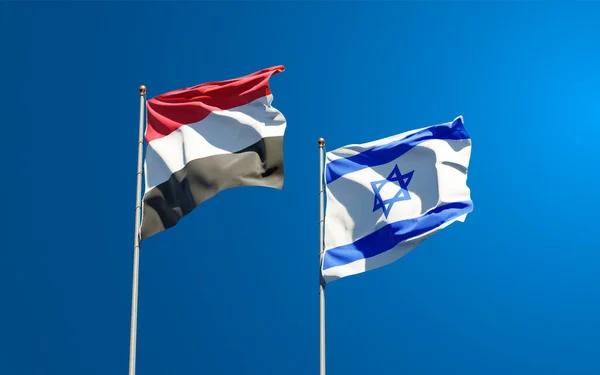 Vackra Nationalstatsflaggor Jemen Och Israel Tillsammans Himlen Bakgrund Konstverkskoncept — Stockfoto