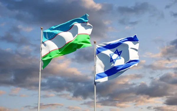 Vackra Nationalstatsflaggor Uzbekistan Och Israel Tillsammans Himlen Bakgrund Konstverkskoncept — Stockfoto