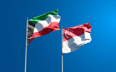 Kuveyt ve Singapur 'un güzel ulusal bayrakları gökyüzü arka planında birlikte. 3B sanat eseri konsepti.