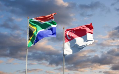 Güney Afrika ve Singapur 'un güzel ulusal bayrağı gökyüzü arka planında birlikte. 3B sanat eseri konsepti.