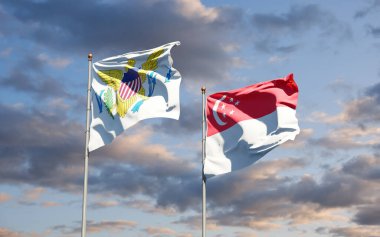 Birleşik Devletler Virgin Adaları ve Singapur 'un güzel ulusal bayrakları gökyüzü arka planında birlikte. 3B sanat eseri konsepti.