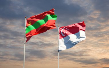 Transnistria ve Singapur 'un güzel ulusal bayrağı gökyüzü arka planında birlikte. 3B sanat eseri konsepti.