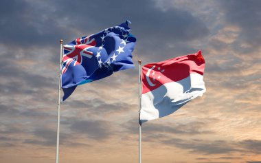 Singapur ve Cook Adası 'nın güzel ulusal bayrakları gökyüzü arka planında birlikte. 3B sanat eseri konsepti.